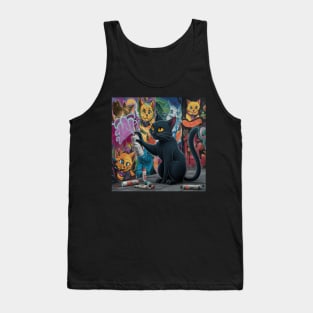 Sleek Black Cat Sprays Graffiti on Wall Tank Top